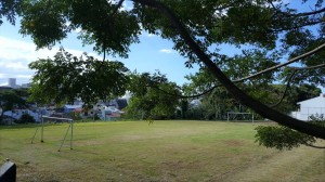 Campo da Biblioteca Pública Municipal Prof. Barreiros Filho, que o projeto Esporteca pretende revitalizar. Segundo foi postado na página do projeto no facebook, "a grama está surrada, não tem marcação no campo, as traves estão velhinhas e não tem iluminação". Foto: divulgação.