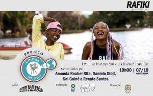 #ParaTodosVerem #DescriçãoDaImagem: banner-convite com quadro de filme que mostra duas jovens de pele negra, a da esquerda usando um boné rosa virado para trás e a da direita com trancinhas cor-de-rosa, ambas rindo largamente. Ao fundo, uma lagoa. Acima da foto os dizeres “RAFIKI” e “(Wanuri Kahiu, 2018)”. Abaixo da foto, a logo do Cinema Mundo, os dizeres “LIVE no Instagram do Cinema Mundo”, abaixo “19h00┃07/10, quinta-feira” e abaixo “Comentários por: Amanda Rauber Rita, Daniela Stoll, Sol Guiné e Renata Santos”. Na base inferior, a logo do Cine Paredão junto da palavra “Apoio”, a logo da UFSC PROEX junto de “Promoção” e as logos da BU e do Cinema UFSC junto da palavra “Realização”.